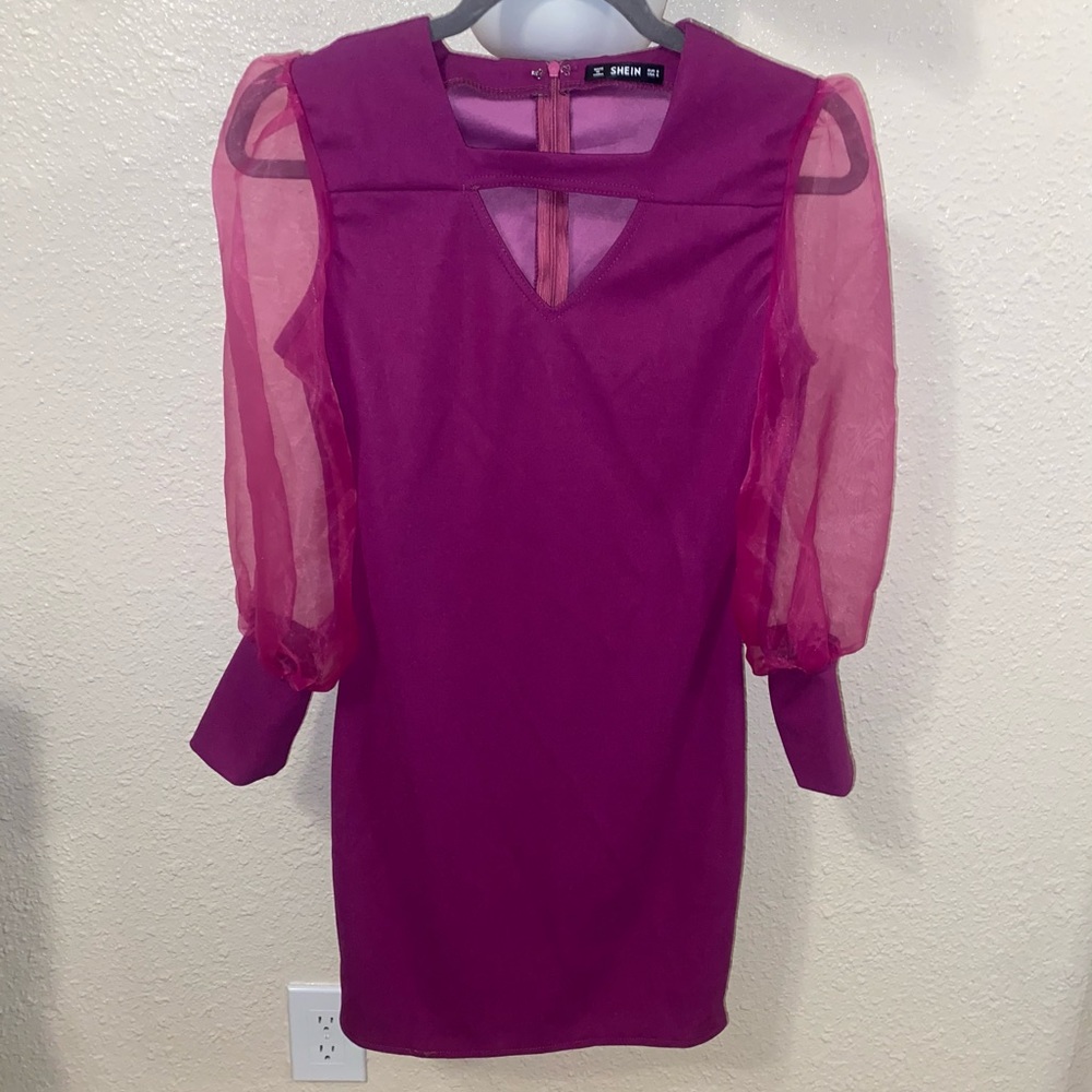 violet mini dress with sheer sleeves!
